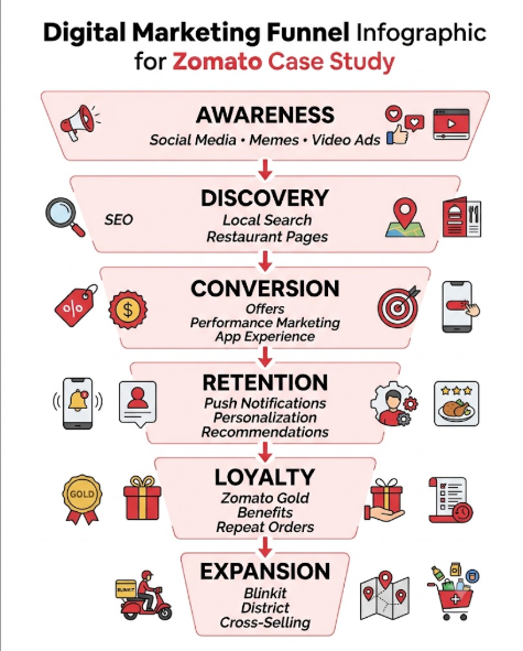 Zomato digital marketing funnel from awareness to customer loyalty
